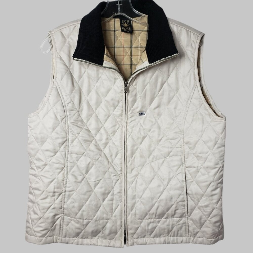 Sun Moda Diamond Quilted Vest With Black Corduroy Collar Cream & Blk Large